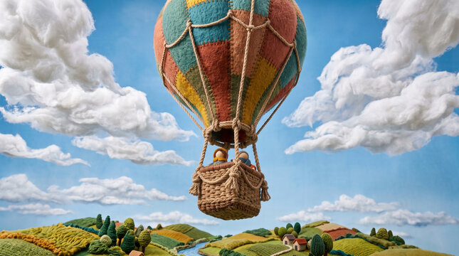 Handmade felted hot air balloon flying over miniature wool landscape in blue sky