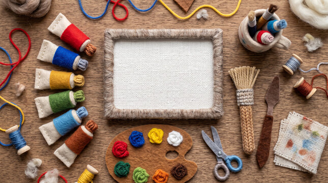 Handmade felted art supplies and blank frame on wooden table top view