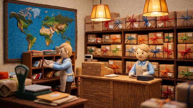 Handmade felted miniature post office with packages and world map on wall