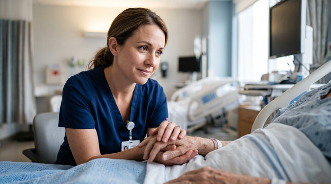 Compassionate female nurse holding hand of elderly patient in hospital room