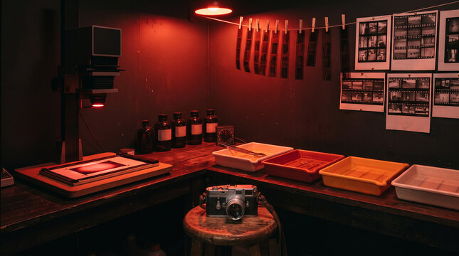 Traditional photography darkroom with enlarger film negatives and development trays under red safelight