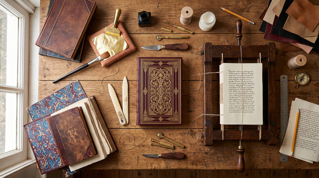 Traditional bookbinding workshop with leather books tools and press on wooden desk