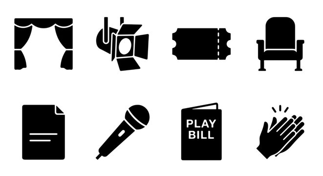 Theater Icons Set: Stage Curtain, Spotlight, Ticket, Seat, Script, Microphone, Playbill, Applause