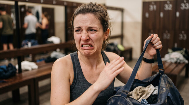 Disgusted woman reacting to bad smell of dirty gym bag in locker room