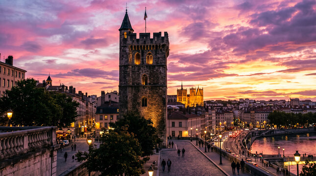 Antigua torre de piedra iluminada al atardecer en un entorno urbano, recortada contra un espectacular cielo de nubes en tonos rosas, p&uacute;rpuras y dorados.
