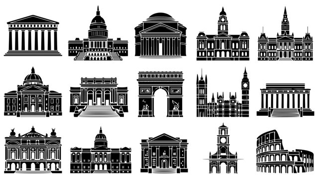 Set of black silhouette icons of famous world landmarks and historical buildings