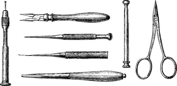 Antique engraved jeweller tools assortment including awls punches files scissors isolated on white for vintage workshop background and craft design