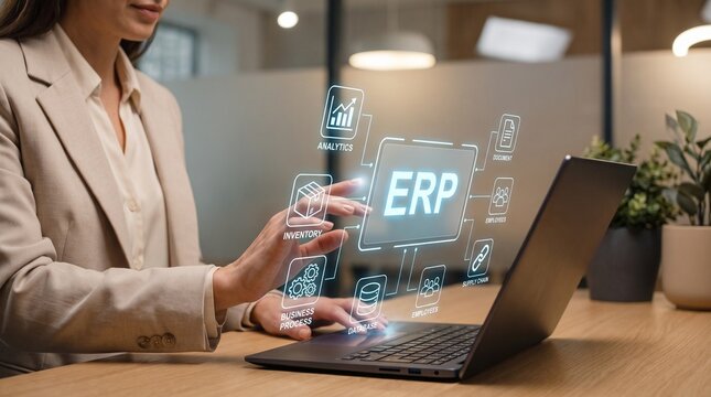 Businesswoman Using ERP Enterprise Resource Planning System with Inventory, Analytics, Database and Supply Chain Management