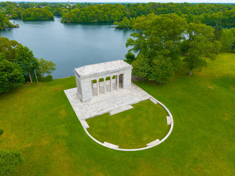 Temple To Music aerial view in Roger Williams Park over Cunliff Lake in summer in city of Providence, Rhode Island RI, USA. 