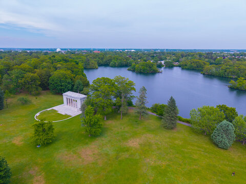 Temple To Music aerial view in Roger Williams Park over Cunliff Lake in summer in city of Providence, Rhode Island RI, USA. 