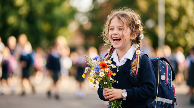 Laughing child, young girl in school uniform holding a bouquet of wildflowers. Happy blonde student with backpack and daisies in her braids. Back to school concept on a sunny day