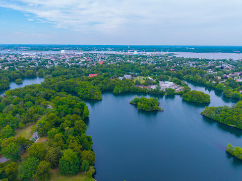Roger Williams Park aerial view over Cunliff Lake in summer in city of Providence, Rhode Island RI, USA. 