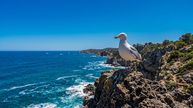 Gaviota blanca posada sobre una formaci&oacute;n rocosa escarpada frente a un cielo azul intenso y completamente despejado en una costa mediterr&aacute;nea soleada.