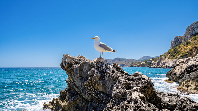 Gaviota blanca posada sobre una formaci&oacute;n rocosa escarpada frente a un cielo azul intenso y completamente despejado en una costa mediterr&aacute;nea soleada.