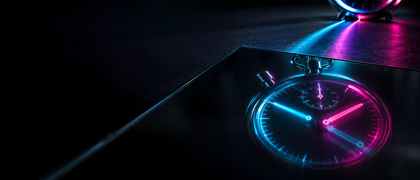 A blue and pink neon stopwatch sits partly beyond the top edge, its glowing dial reflected on a dark glossy surface below as a diagonal line crosses the wide shadowy frame, evoking time and speed