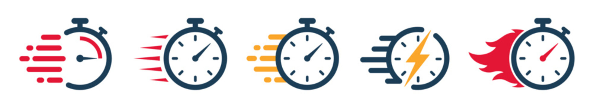 Fast stopwatch icon set, Speed and quick timing symbols with lightning and flame effects for fast delivery, Vector illustration