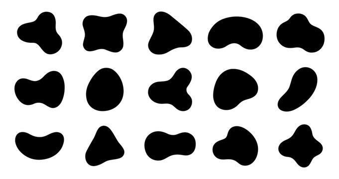 Abstract organic blob shapes collection, Black irregular amoeba forms, freeform silhouettes and fluid shapes for modern branding, flyer decoration elements and creative layouts.