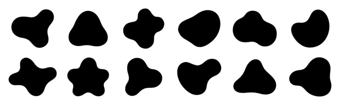 Abstract organic blob shapes set, Irregular amoeba forms and freeform black silhouettes for modern graphic design.
