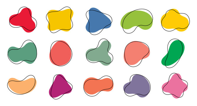 Colorful abstract organic blob shapes set, Random fluid with wavy line amoeba blobs, blotches drops or stains collection for social media graphics, branding, flyer, banner, poster and modern designs.