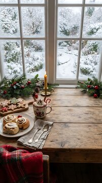 Warm cinnamon rolls and cookies on a rustic table with a snowy window view and festive decor
