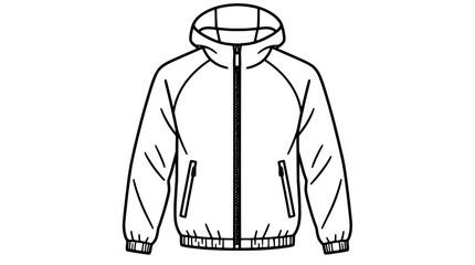Black outline vector icon of a hooded zip-up windbreaker jacket with sleeves cuffs hem and slanted side pockets drawn with bold black lines centered frontally capturing outerwear silhouette © Aaron