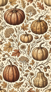 Vintage Engraved Pumpkins and Autumn Foliage Seamless Pattern.