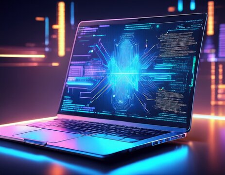 concept of information technologies and computer engineering creation digital software mobile desktop platforms software developer programming code neon laptop with futuristic code on the screen