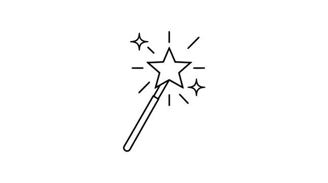 Black outline vector icon of a magic wand with star tip, radiating dashes and two four-point sparkles, tapered handle, drawn with thin black lines in centered composition for playful charm