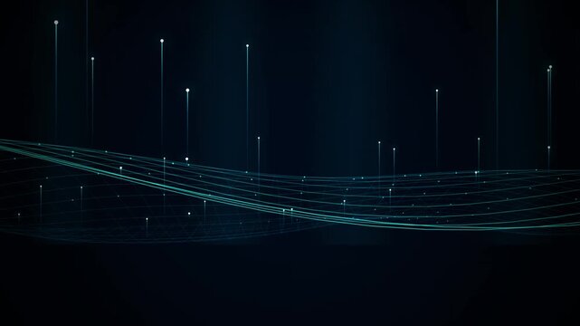 Abstract digital data visualization grid with glowing points and lines moving dynamically.