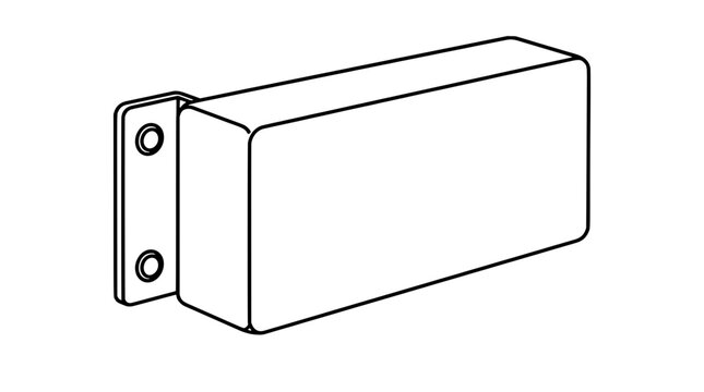 Black outline vector icon of a rectangular wall dock bumper block with side mounting plate and bolt holes drawn with bold lines in three-quarter view conveying heavy duty impact protection