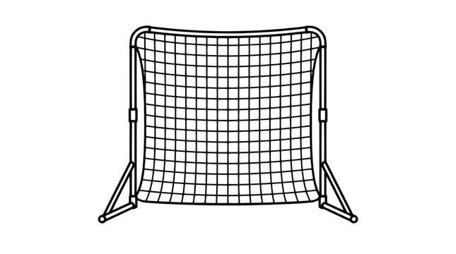 Black outline vector icon of a rectangular sports rebounder net with tall frame, grid mesh and a-frame legs drawn with medium lines in front view representing portable practice backstop training aid