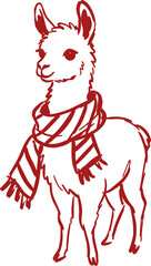 Fototapeta premium Naive red line alpaca illustration wearing a striped scarf