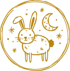 Obraz premium Naive hand-drawn rabbit with moon and stars