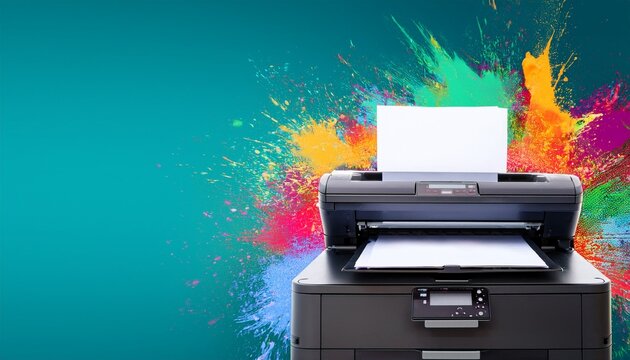 office or professional photocopier or printer with color splashes for high quality printing services as wide banner with copy space area colorful background