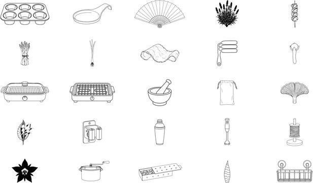 Set of 25 black outline vector icons showcasing a diverse culinary and botanical mix with muffin pan, folding fan, grill, mortar, lavender, asparagus, skewer and basket for visual content