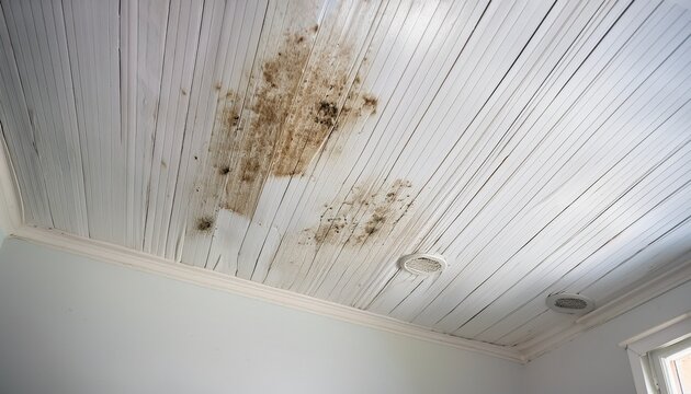 water stains and mold marks on a residential white ceiling interior