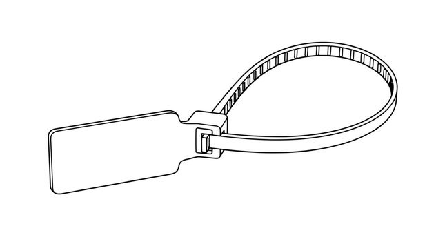 Black outline vector icon of a tamper evident plastic seal tag with ribbed strap looped through locking head drawn with thin lines in side view composition highlighting rectangular label area
