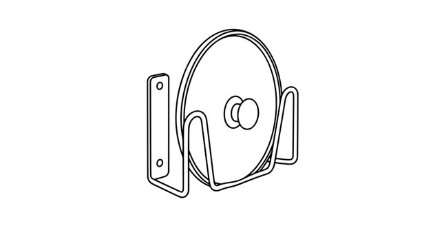 Line art illustration of a wall mounted lid holder gripping a round cover with central knob using curved wire supports and vertical bracket with screw holes drawn in thin lines shown in side angle