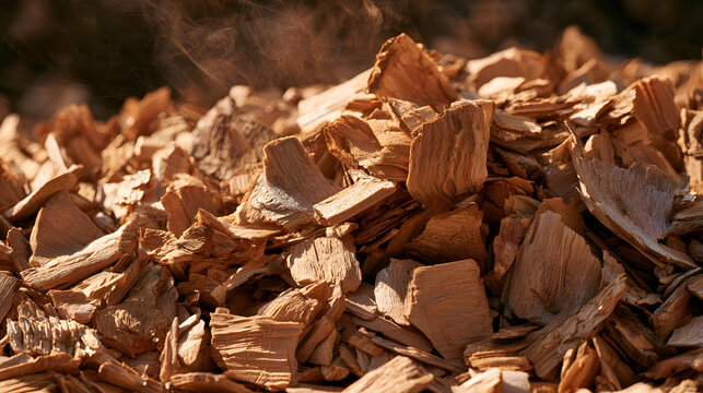 A close-up view of a large pile of aromatic wood chips for smoking food, featuring a warm golden light and gentle wisps of smoke rising above the texture, ideal for barbecue and culinary themes.