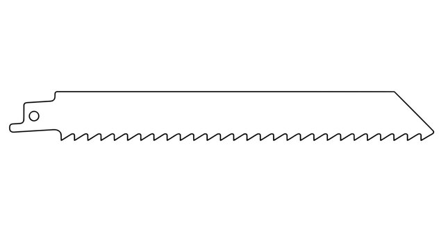 Black outline vector icon of a reciprocating saw blade with serrated teeth and notched mounting shank drawn with thin lines in horizontal composition highlighting demolition cutting edge profile