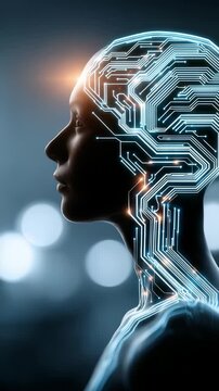 Futuristic artificial intelligence concept featuring a human profile with glowing circuit patterns integrated into the head. Digital technology and innovation merge in this modern visual