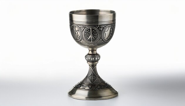 chalice a silver goblet engraved with moon phases and pentacles ready for libations isolated on white background
