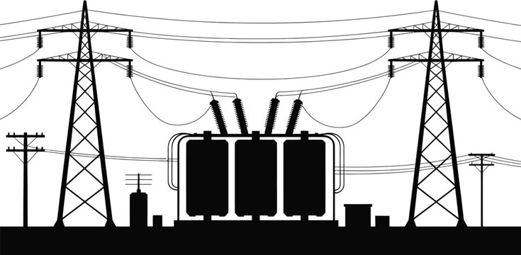 Silhouette of a large electrical substation transformer with voltage transmission towers and power lines against a plain white background