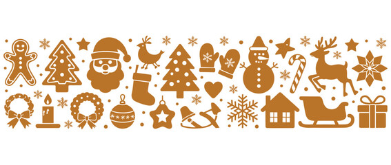 Obraz premium Set of festive christmas holiday icons and elements in golden color style on white background