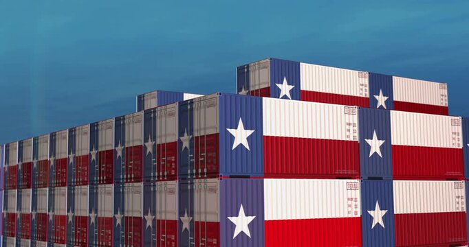 Texas USA export production and import containers on a cargo ship. Business concept of transport and shipping with a Texas flag. 3D Drone view.