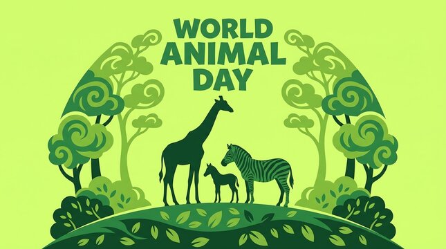 World Animal Day banner with giraffe and zebra silhouettes, green wildlife conservation concept, nature protection poster with forest trees