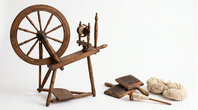 Vintage wooden spinning wheel next to natural wool yarn balls and spinning tools. Visual metaphor for traditional crafts, ancient trades, textile heritage, and manual workmanship