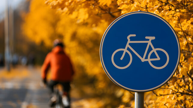 A round blue bicycle lane sign standing beside a pathway with yellow autumn trees and a blurred person riding a bike in the background during daylight outdoors for a scenic transportation travel conce