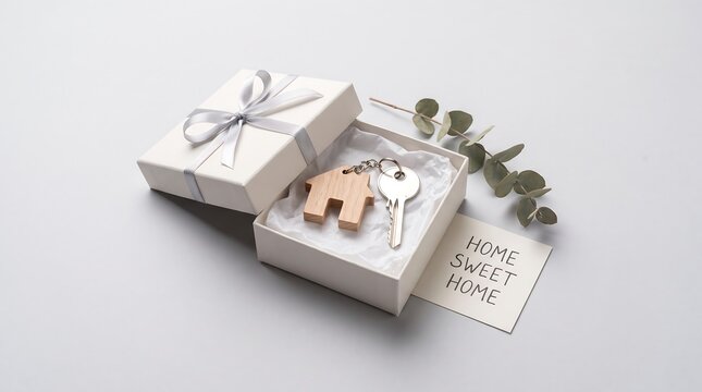 House key with wooden keychain in white gift box, home sweet home card for real estate closing, property ownership celebration on gray background