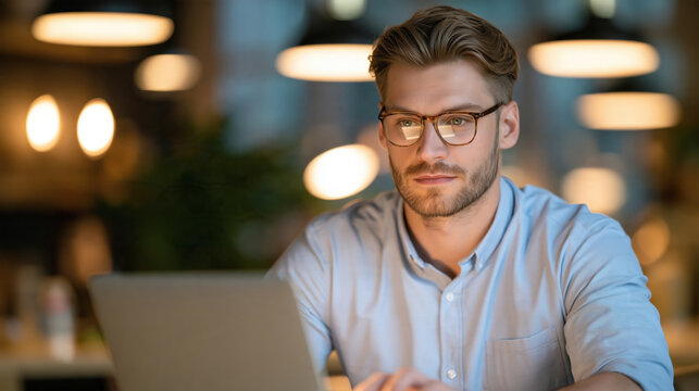 Focused young man with glasses working on laptop in cozy office space
